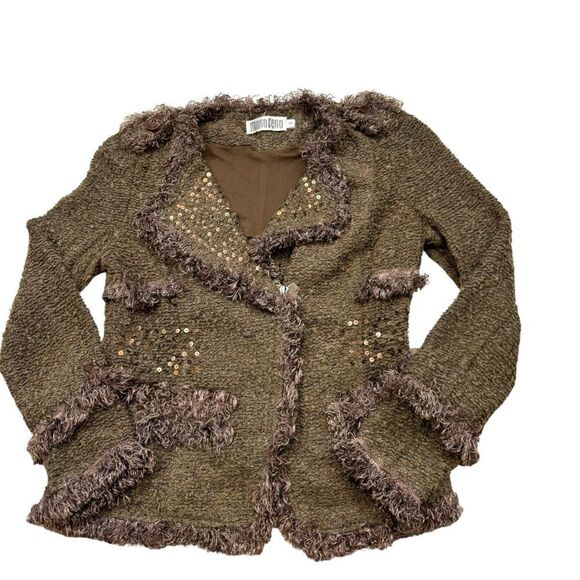 Ladies MonoReno Brand Brown Sequin Detail Zipper Front Cardigan Size Small - Picture 7 of 16